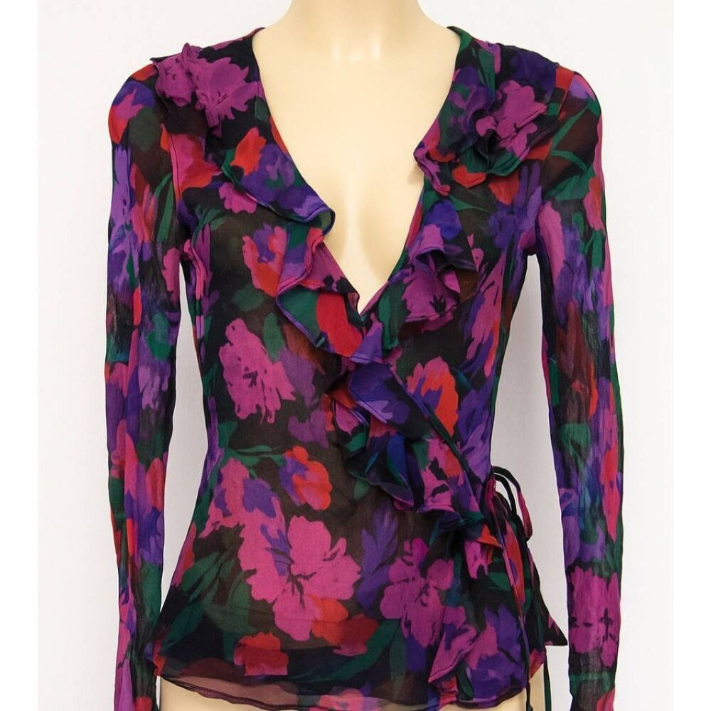 J. crew womens Sz4 small black label viscose silk wrap top purple green ruffle